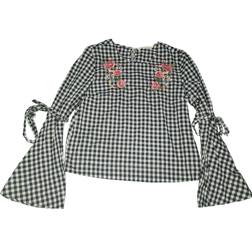 Hippie‎ Laundry Gingham Floral Embroidered Tie Sleeve Blouse Size Medium